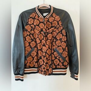 COACH BRAND VERY RARE Leather & Silk Bomber Jacket Black & Orange SIZE 4